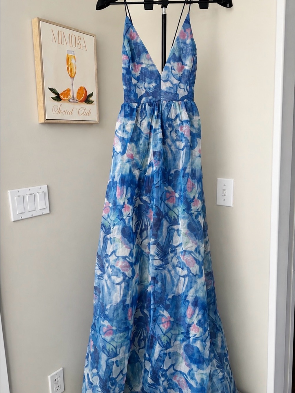 Lulus Blue Floral Watercolor Sheer Maxi Dress Low Back M NWT